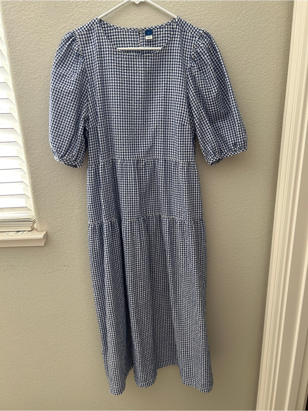 Old Navy Blue and White Gingham Tiered Midi Dress